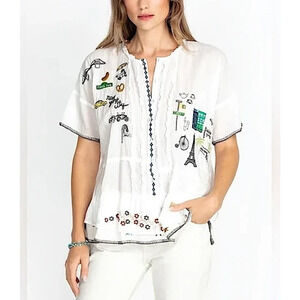Johnny Was BIYA Voyage Blouse Shirt Top Womens Medium 100% Linen Embroidered